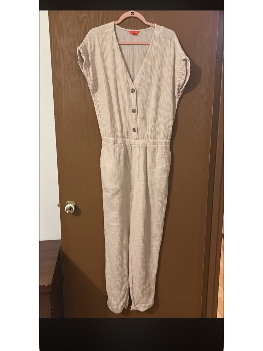 Neutral Beige Button-Front Cotton Jumpsuit